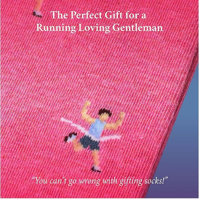 The Copper Shed pink cotton novelty socks featuring an embroidered runner crossing a finish line