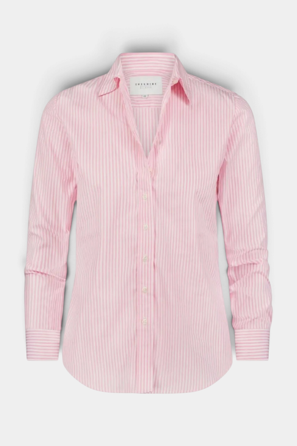 The Copper Shed Icon Shirt in a pink and white striped cotton stretch fabric with No Gape button technology.