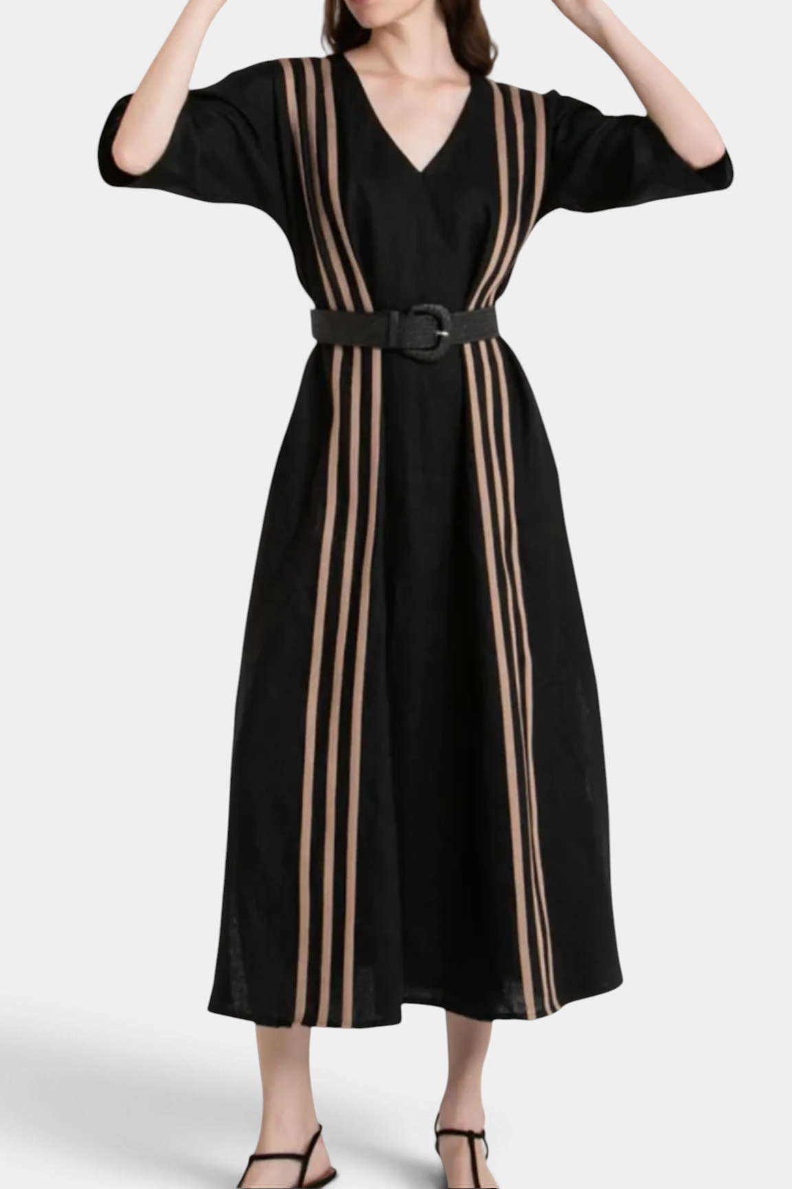 The Copper Shed PUROTATTO black kimono dress with beige vertical stripes and a matching black waist belt