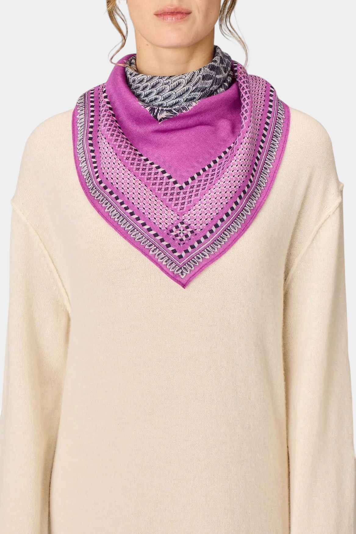 The Copper Shed Square 70 Chouette purple wool scarf with intricate geometric patterns worn around the neck