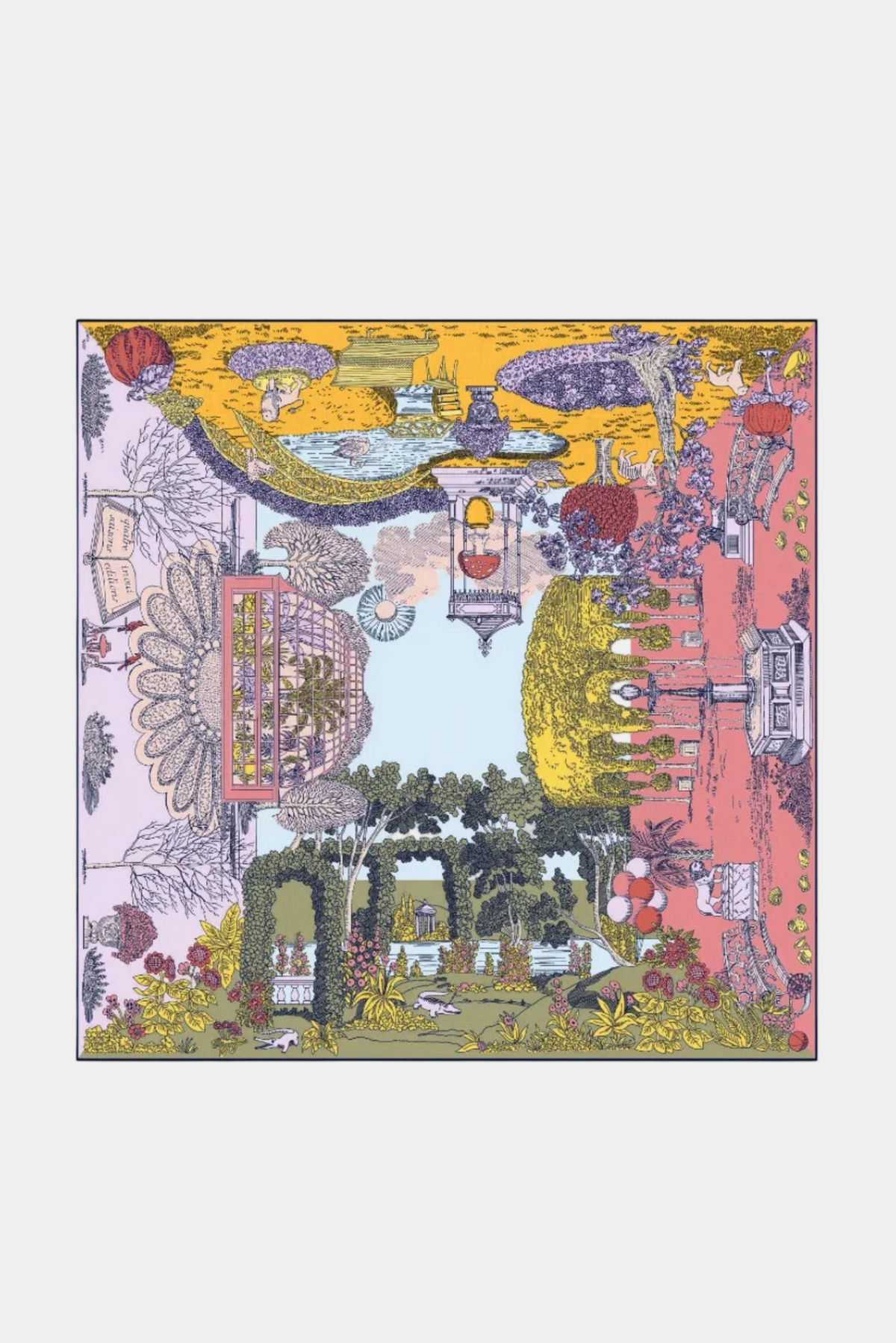 The Copper Shed Square 100 Quatre Saisons pastel silk modal scarf featuring a detailed garden landscape print.