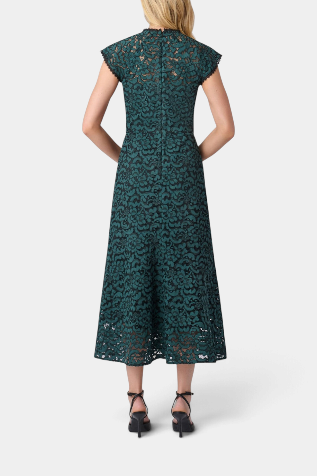 The Copper Shed Raven midi dress in dark green lace with a fitted silhouette, illusion neckline, and scallop trim.