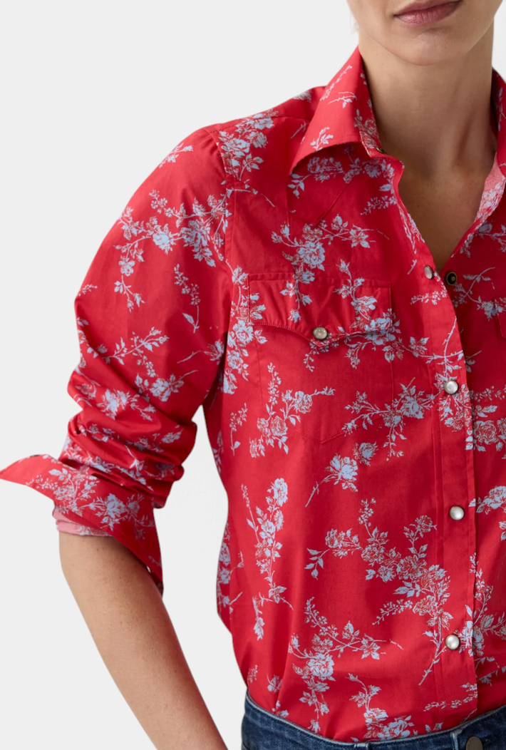 The Copper Shed Western shirt in red cotton poplin with a blue floral Liberty Fabrics print and pearl snap buttons.