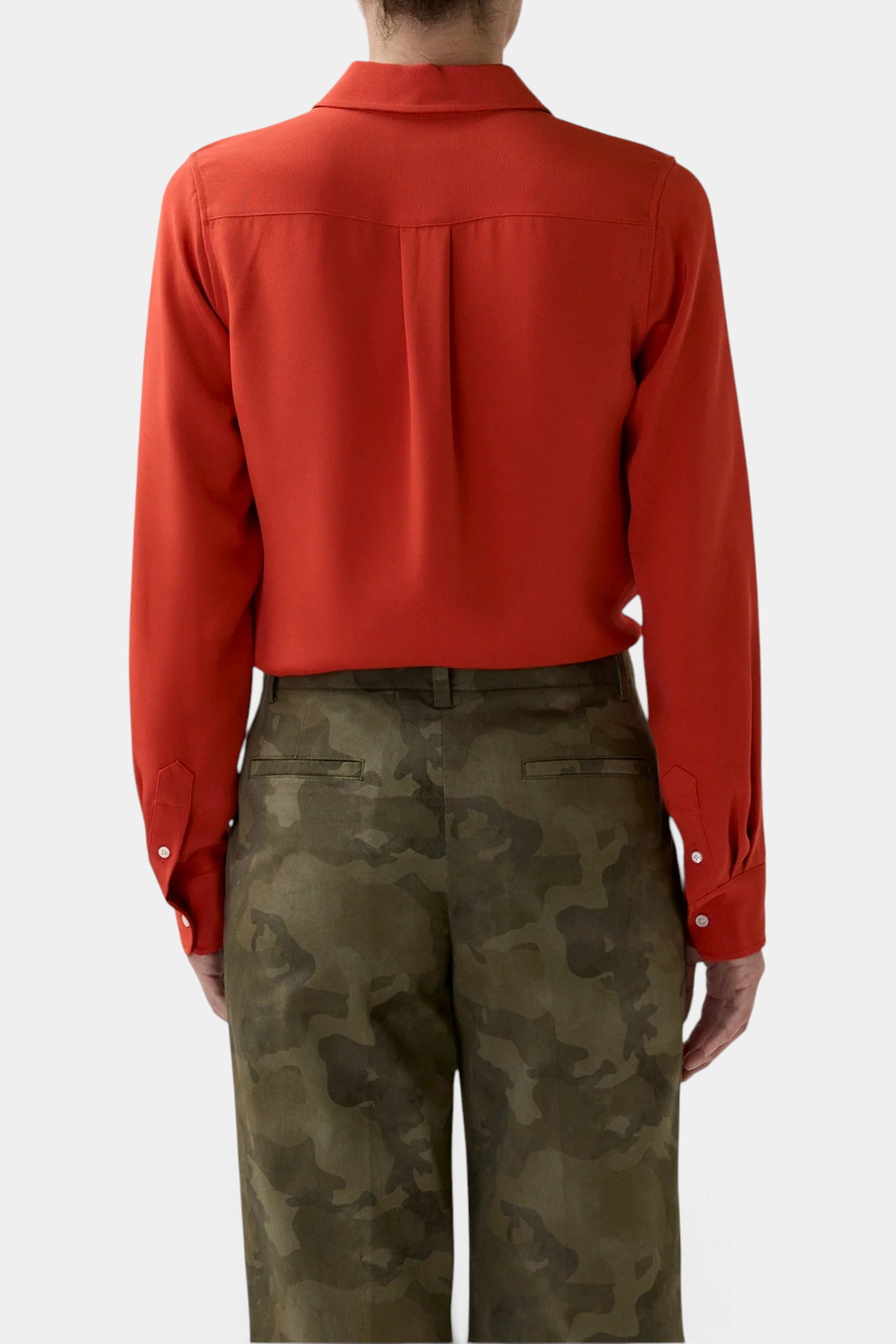 Back view of The Copper Shed classic red silk crepe de chine blouse with point collar and mother-of-pearl buttons.
