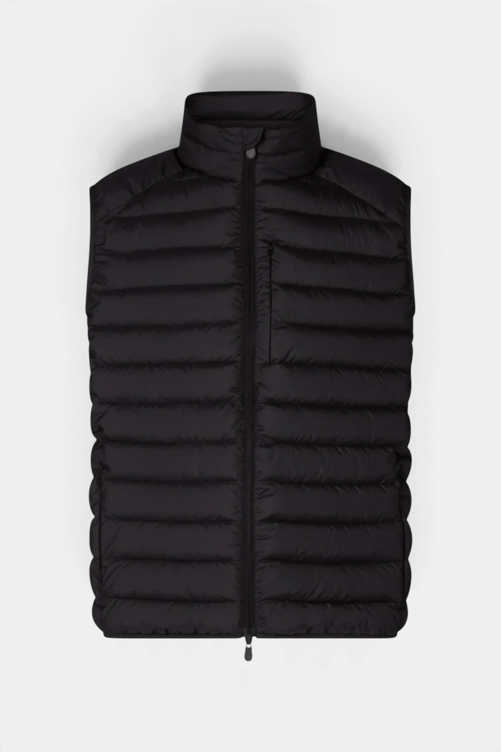 The Copper Shed Rhus men's black quilted puffer vest with stand-up collar, two-way zipper, and chest pocket.