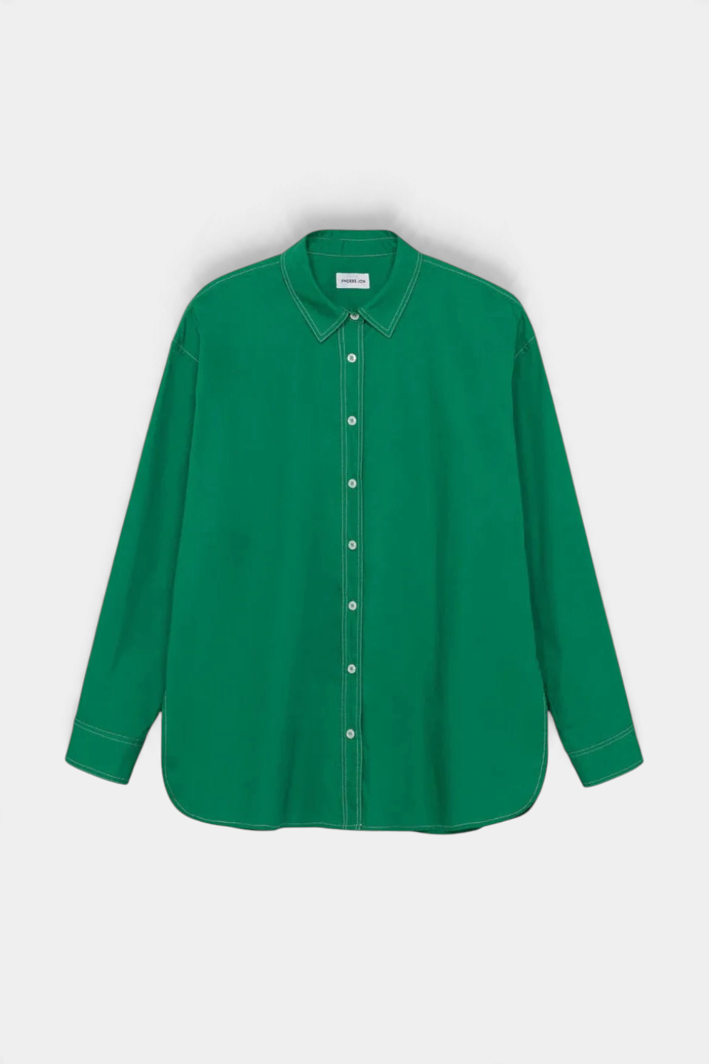 The Copper Shed Ricky relaxed green cotton poplin button-down shirt with white topstitch and shirttail hem
