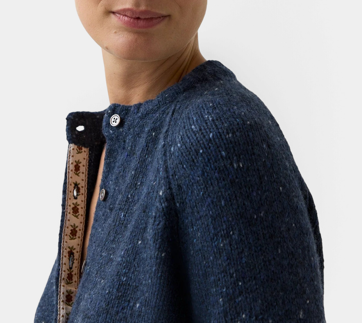 The Copper Shed Romy navy donegal wool alpaca cardigan with patterned grosgrain ribbon placket detail