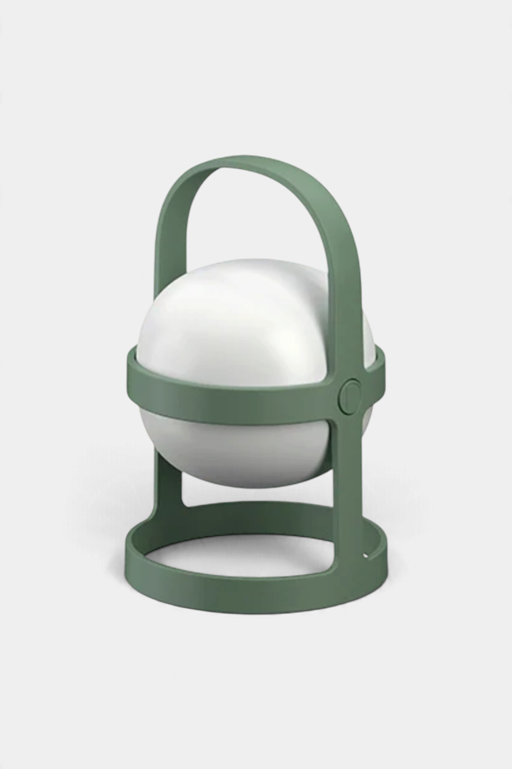 The Copper Shed Rosendahl Soft Spot solar lantern with a sage green frame and white spherical light globe.