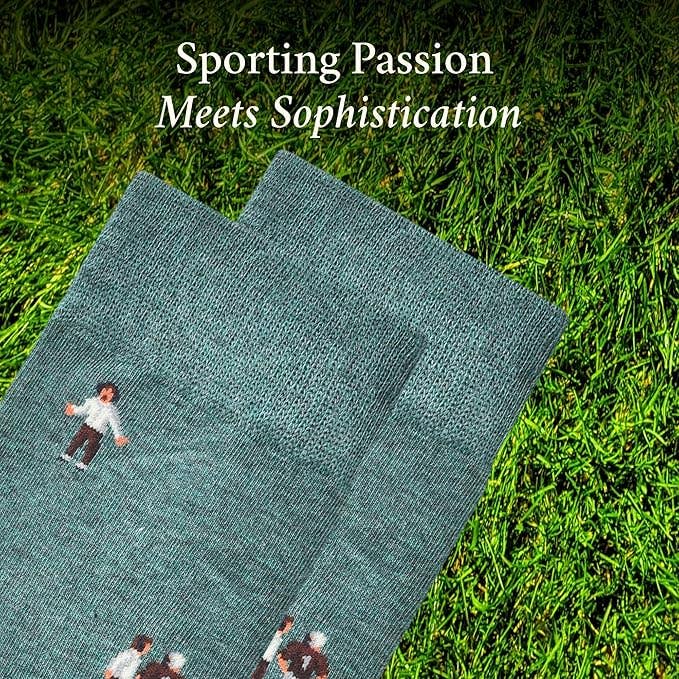 The Copper Shed novelty socks featuring a knitted coach design in game mode on a textured green cotton fabric