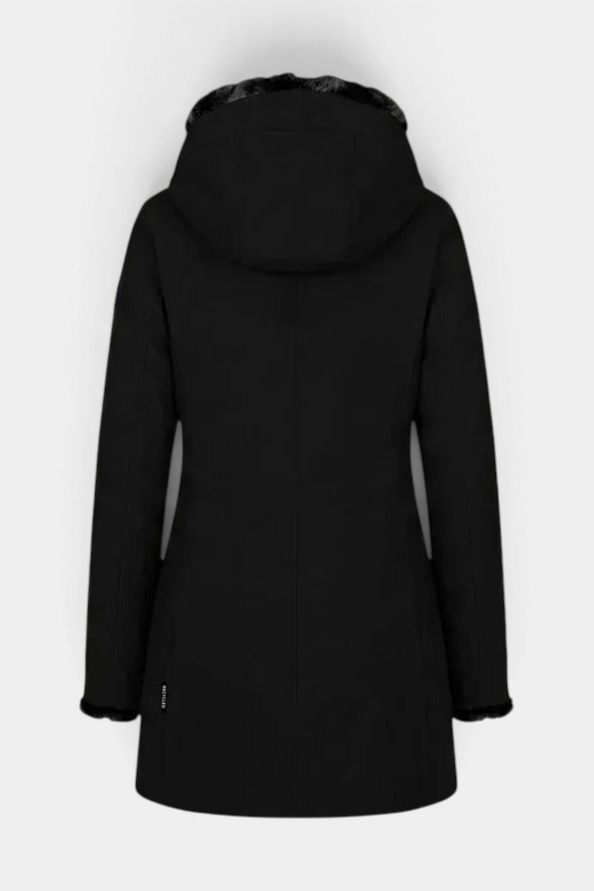 Back view of The Copper Shed Samantah Parker slim fit black jacket with a hooded faux fur trim