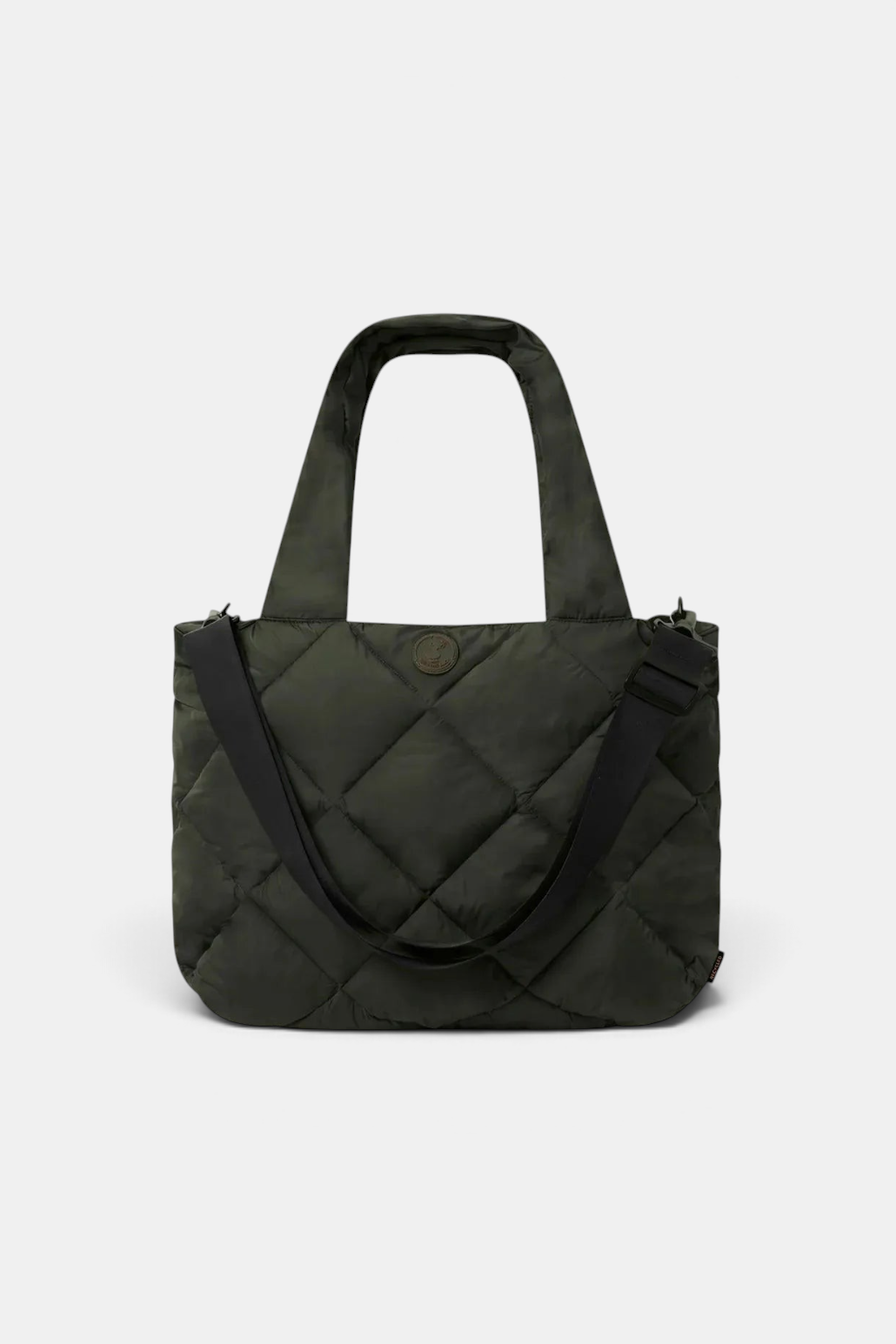 The Copper Shed Sely dark green diamond-quilted crossbody bag in water-repellent recycled polyester with puffy handles.