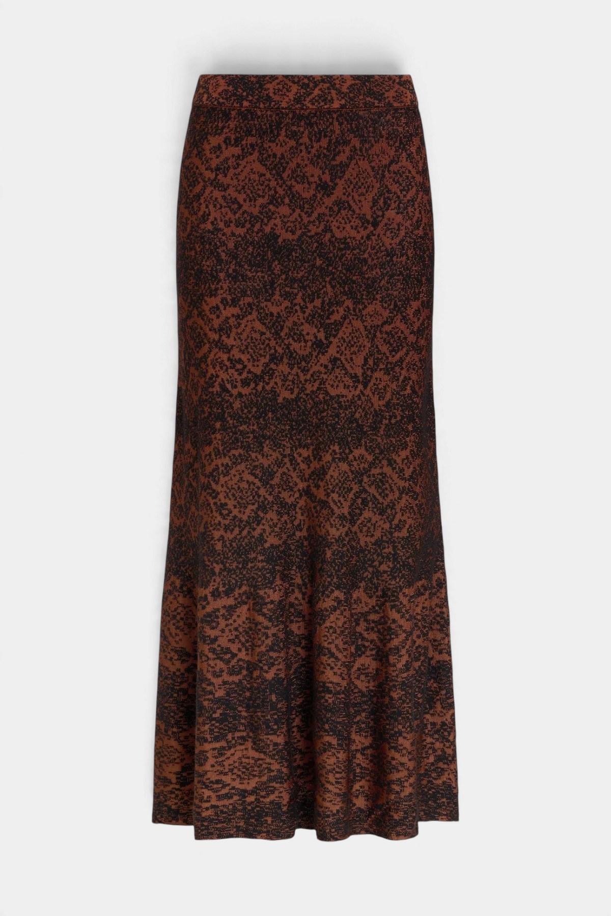 The Copper Shed Shiloh Skirt in a brown and black snakeskin jacquard print with a fitted silhouette and flared hem.