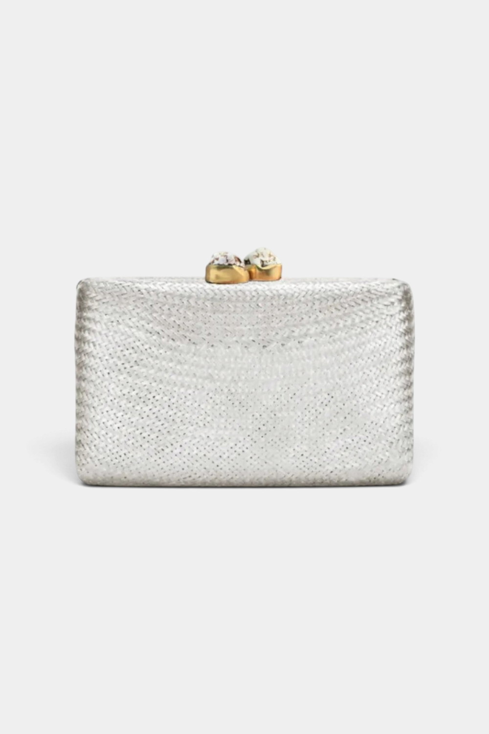 The Copper Shed metallic light silver handwoven palm fiber rectangle clutch with a white stone and brass clasp.
