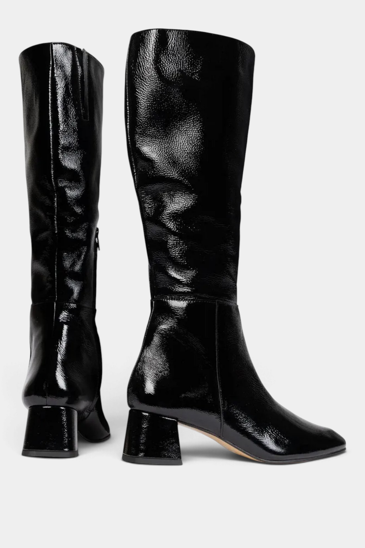 The Copper Shed Sinatra black patent leather knee-high boots with a square toe and mid block heel.