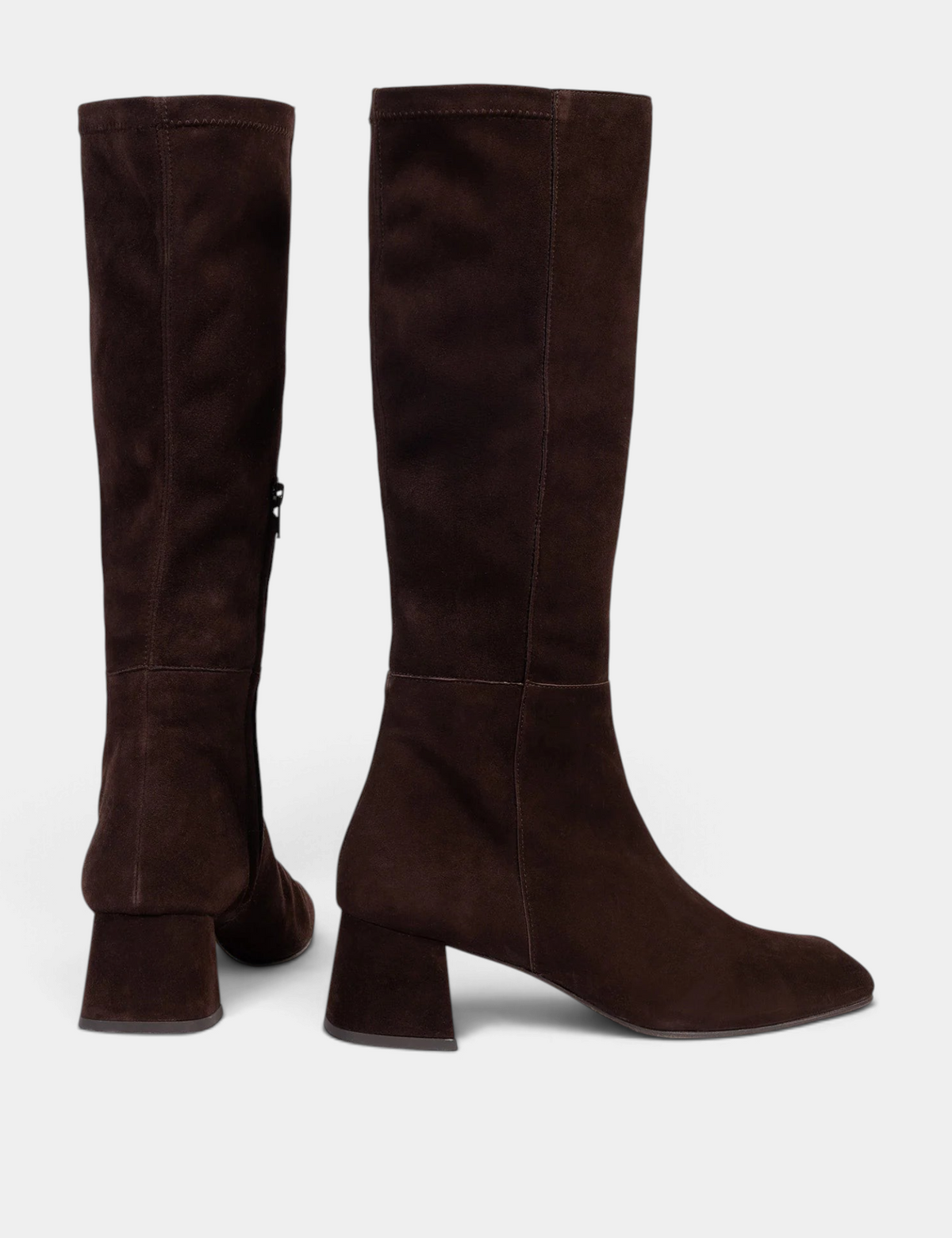 The Copper Shed Sinatra square-toe black suede boots with a mid-height elephant heel and snug calf fit.