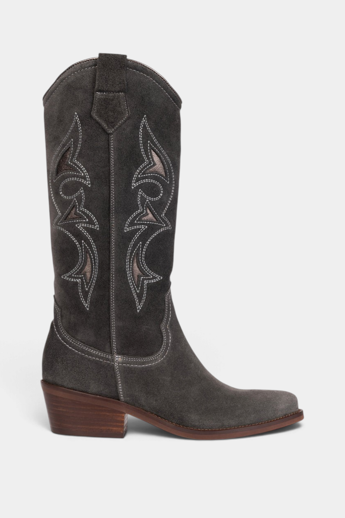 The Copper Shed Goldie Paloma slate oiled suede western boot with pewter metallic cut-out detailing and Cuban heel.