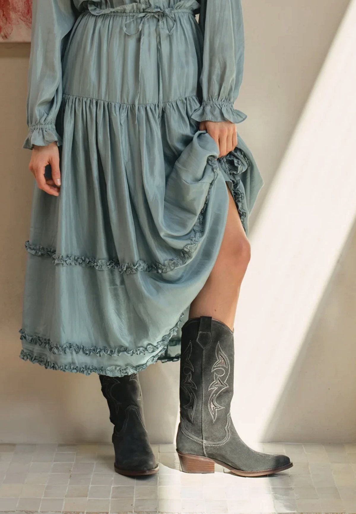 The Copper Shed Goldie Paloma slate oiled suede western boots with cut-out detailing and metallic pewter underlay.