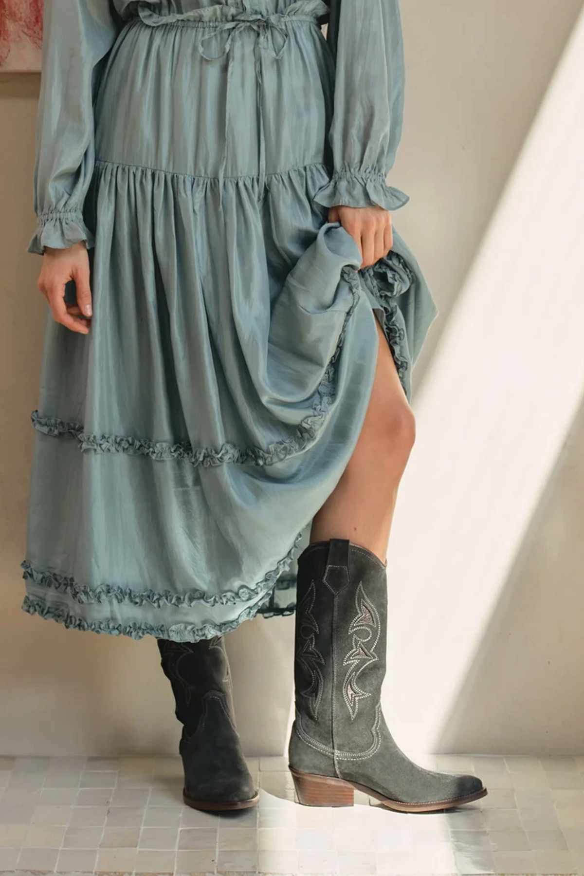 The Copper Shed Goldie Paloma slate oiled suede western boots with cut-out detailing and metallic pewter underlay.