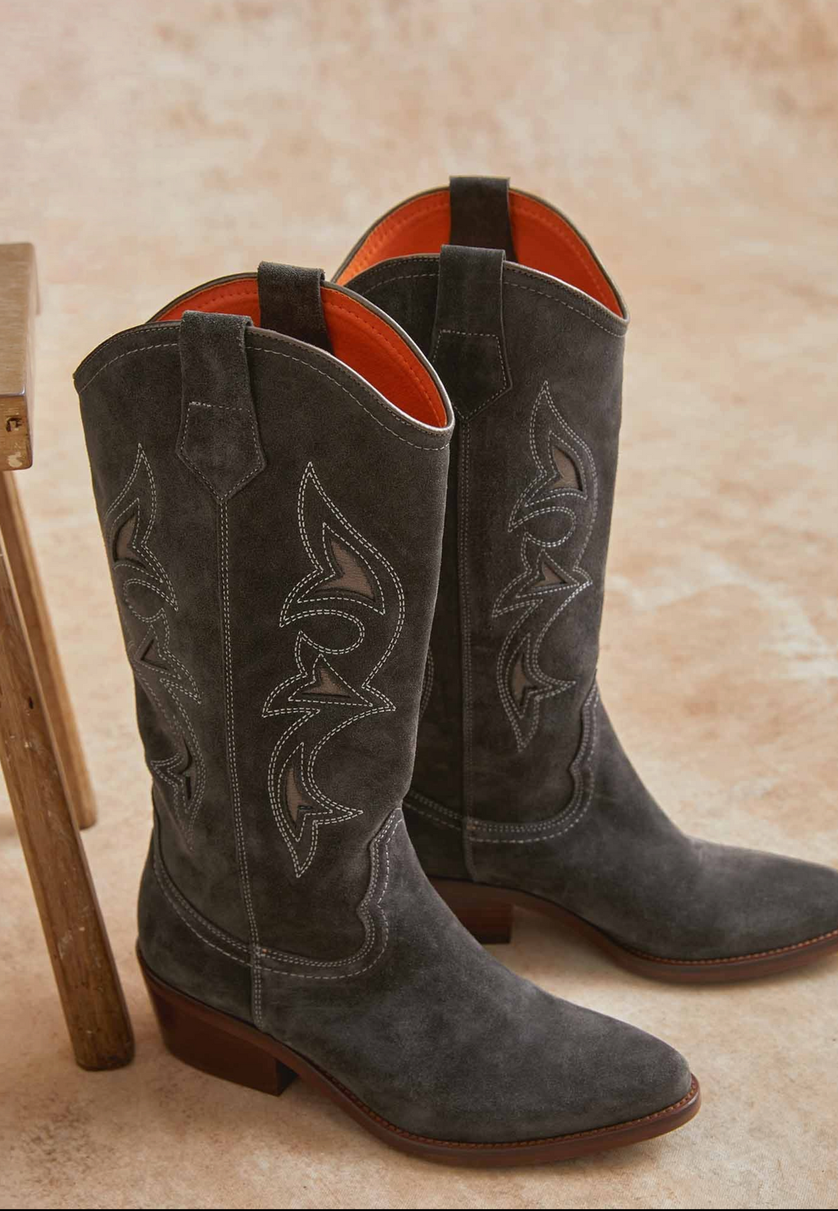 The Copper Shed Goldie Paloma slate oiled suede western boots with cut-out detailing and pewter metallic underlay.