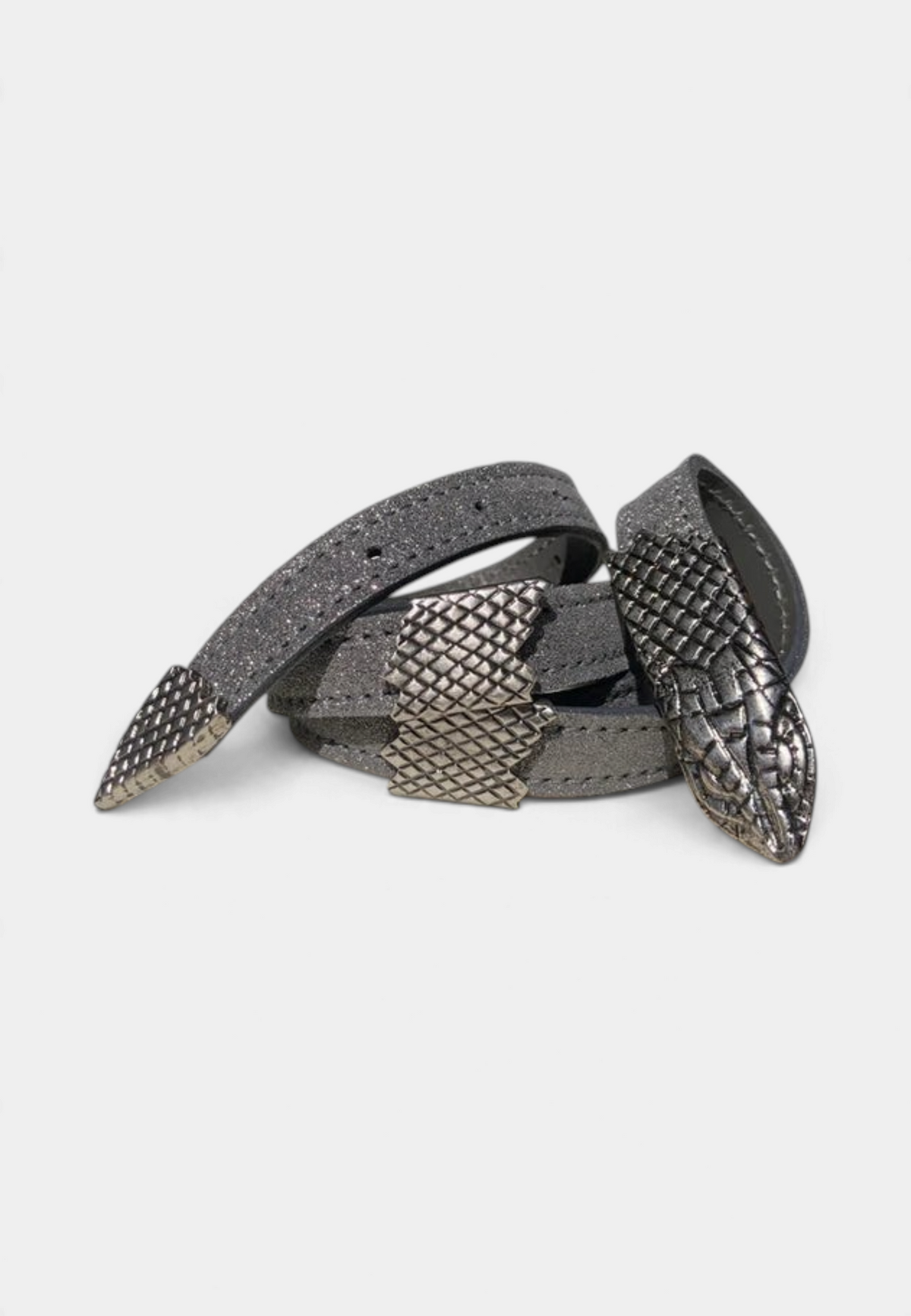 The Copper Shed skinny grey belt featuring antique nickel snake head, tail, and scale castings on a textured strap.