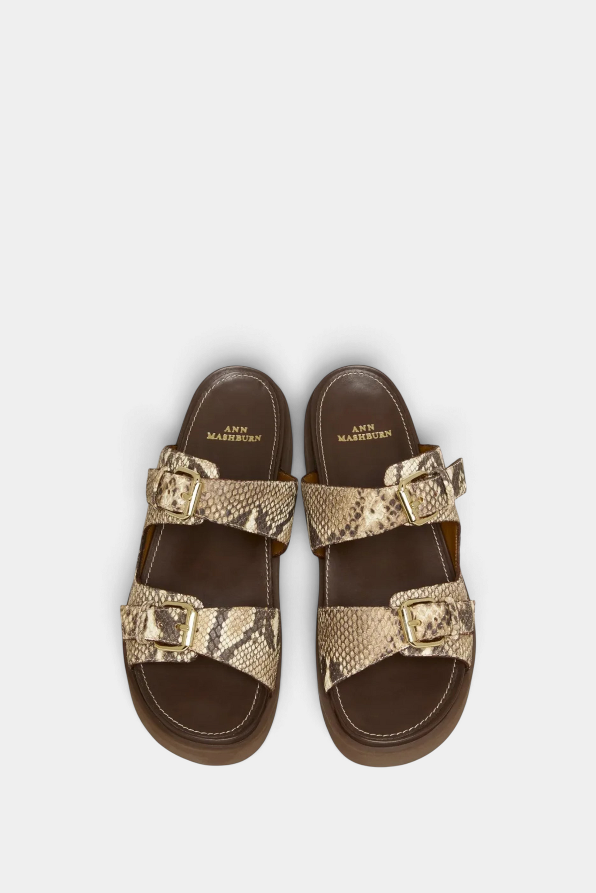 The Copper Shed double buckle platform slides in snakeskin-stamped Italian calf leather with gold-tone hardware.