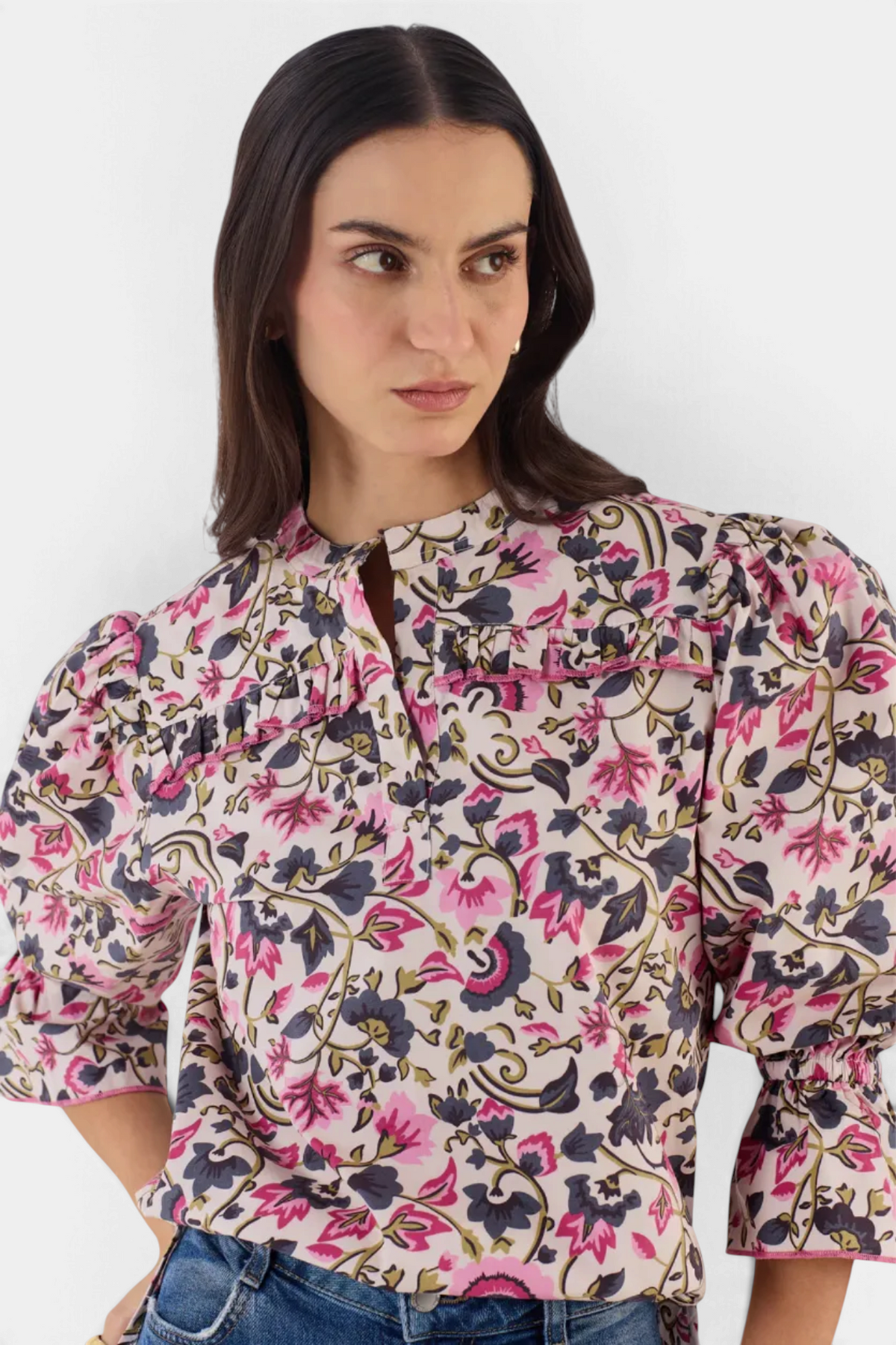 The Copper Shed Stella top in floral cotton poplin with puffed 3/4 sleeves and ruffle details on a model