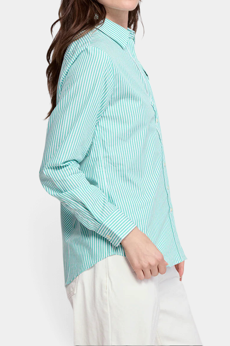 The Copper Shed Icon Shirt in a green and white striped cotton stretch fabric with No Gape button technology