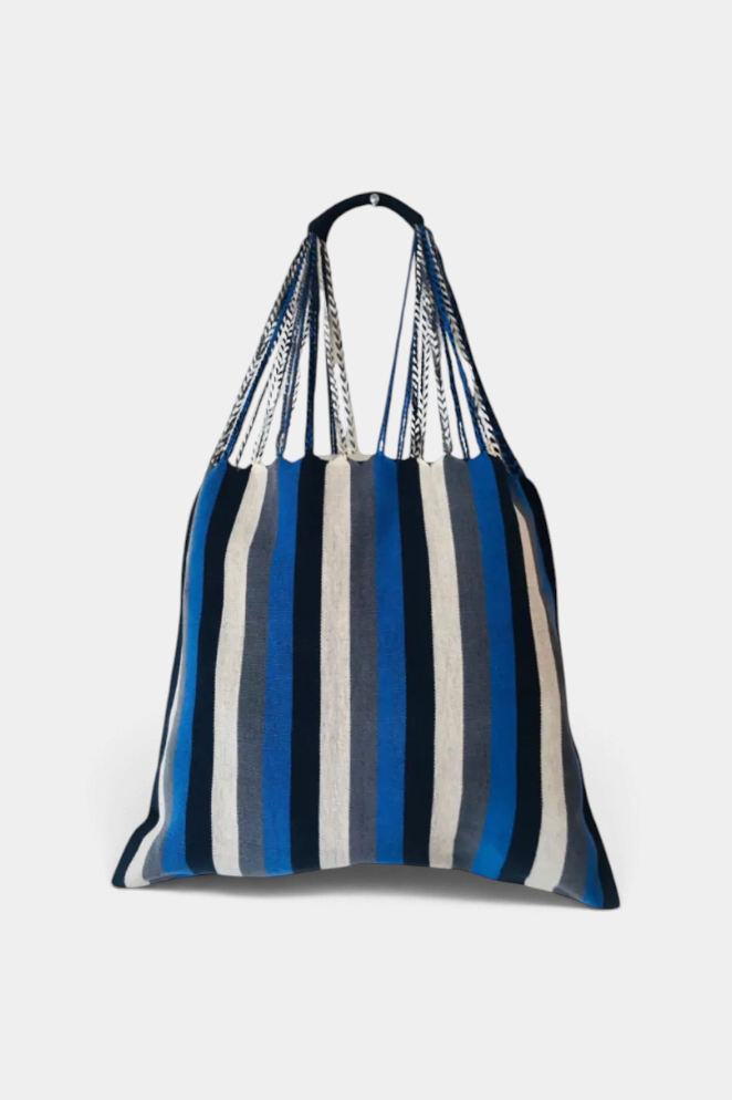 The Copper Shed handwoven blue and grey striped hammock tote bag with braided handles made in Mexico