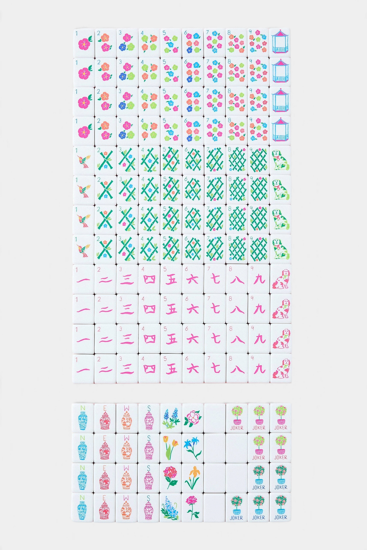 The Copper Shed Sunset Tiles set featuring 160 white acrylic mahjong tiles with vibrant floral and sunset motifs.