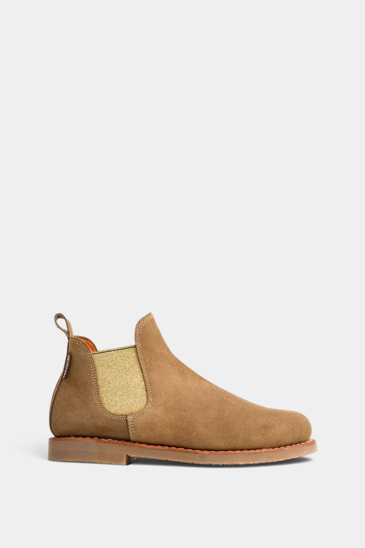 The Copper Shed tan oiled suede Chelsea boot with gold elastic side panels and a durable crepe rubber sole