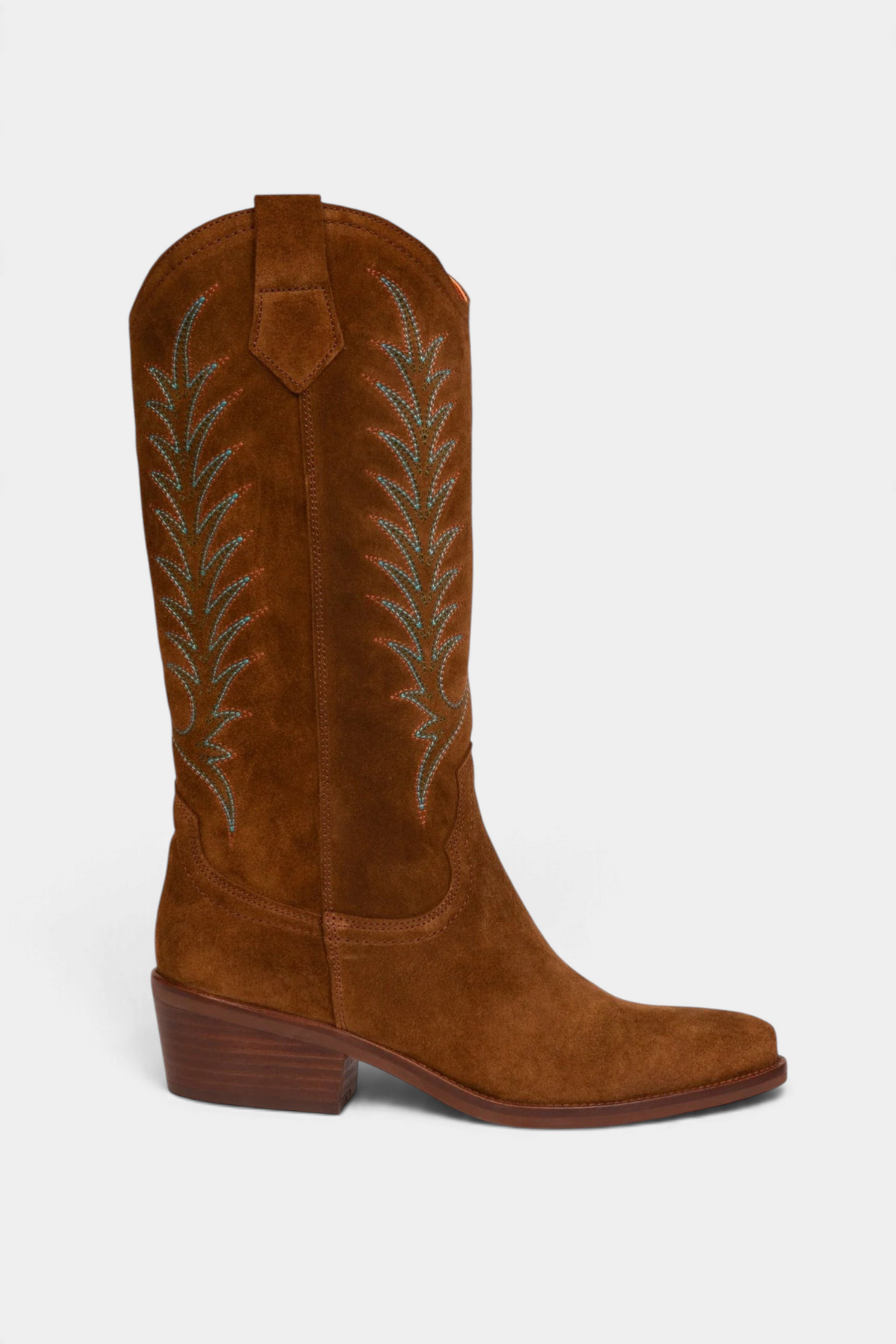 The Copper Shed Goldie mid-calf cowboy boot in tan suede with colourful Western embroidery and a 5cm Cuban heel.