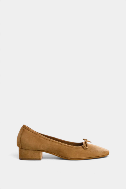 The Copper Shed Fetiche tan suede ballerina flats with a 3cm block heel and a delicate bow detail.