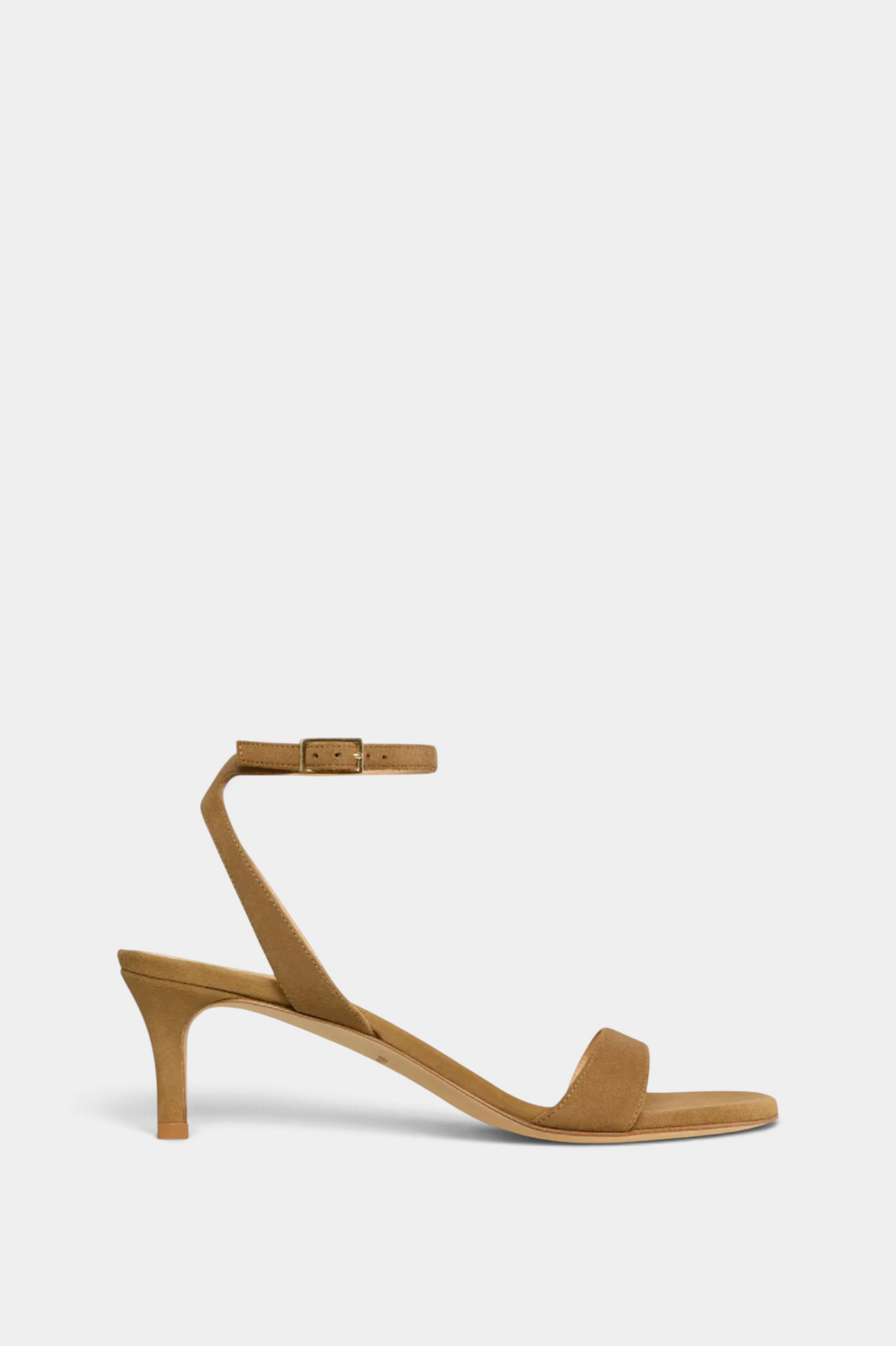The Copper Shed tan Italian calf suede kitten heel sandals with an ankle wrap and buckle closure.