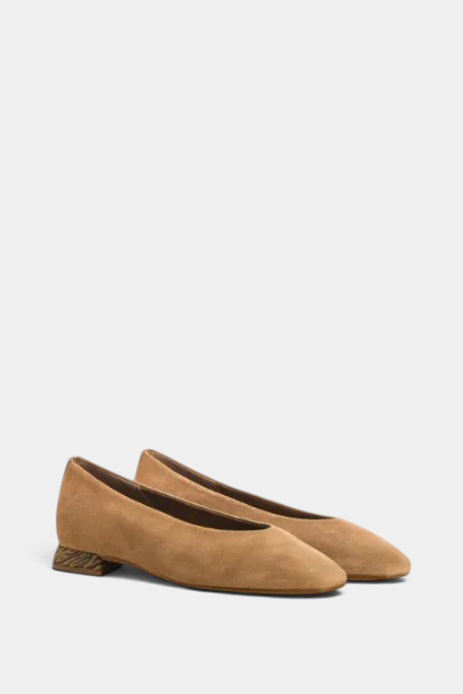 The Copper Shed Thea tan suede ballerinas with a pointed toe, V-cut neckline, and low zebra-print block heel.
