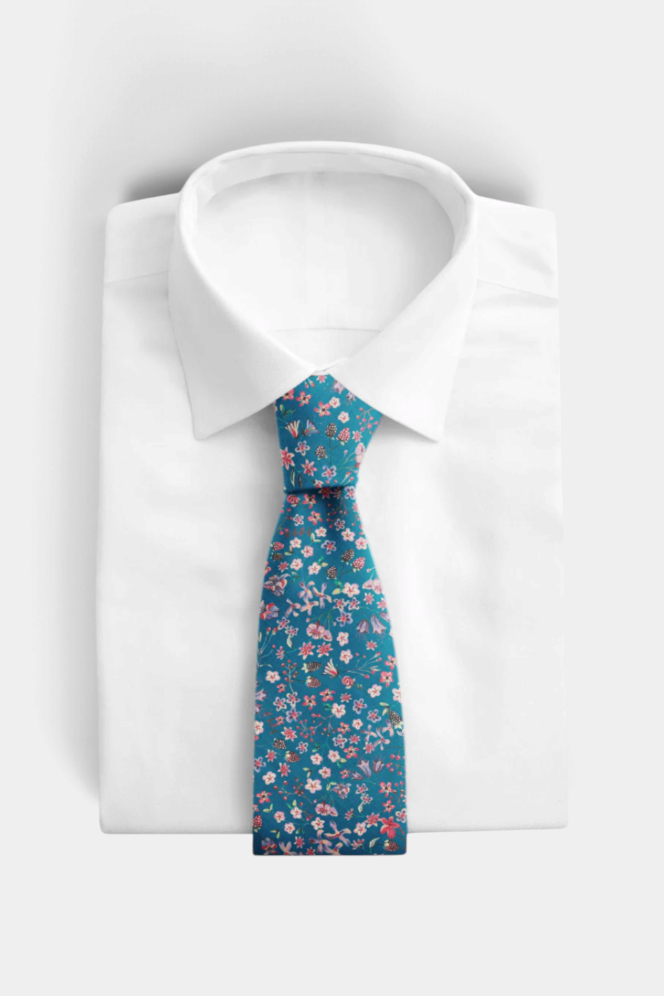 The Copper Shed Liberty of London cotton necktie in teal with a delicate pink and white floral print