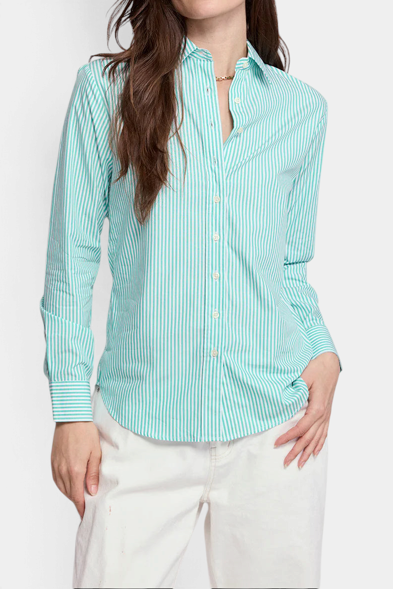 The Copper Shed Icon Shirt in a teal and white striped cotton stretch fabric with No Gape button technology.