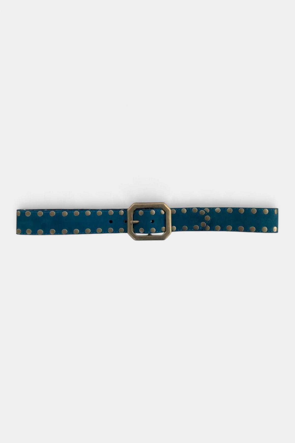 The Copper Shed teal suede belt with a rectangular squared-off buckle and metallic stud detailing.