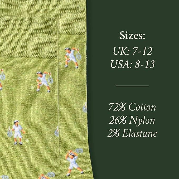 The Copper Shed Tennis Tantrum novelty socks in sage green cotton blend featuring small tennis player patterns.