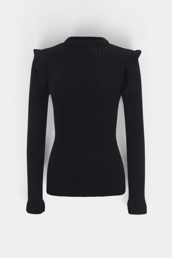 The Copper Shed Tinley black ribbed turtleneck sweater featuring feminine ruffle trim on the collar and cuffs.