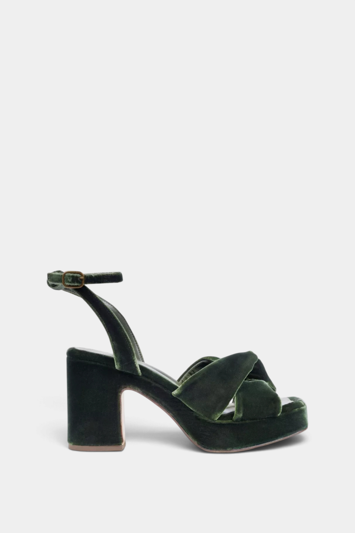 The Copper Shed Hibiscus platform sandal in verdigris velvet with an adjustable ankle strap and block heel.
