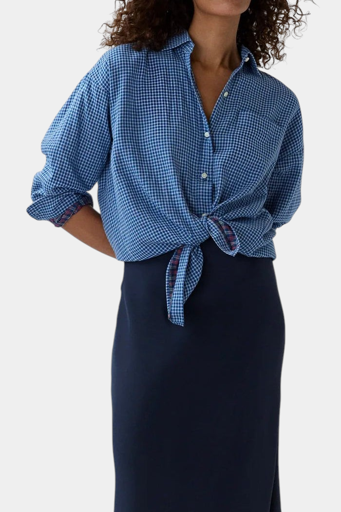 The Copper Shed Weekender Shirt in blue Japanese double-weave cotton with a point collar and tied front hem.