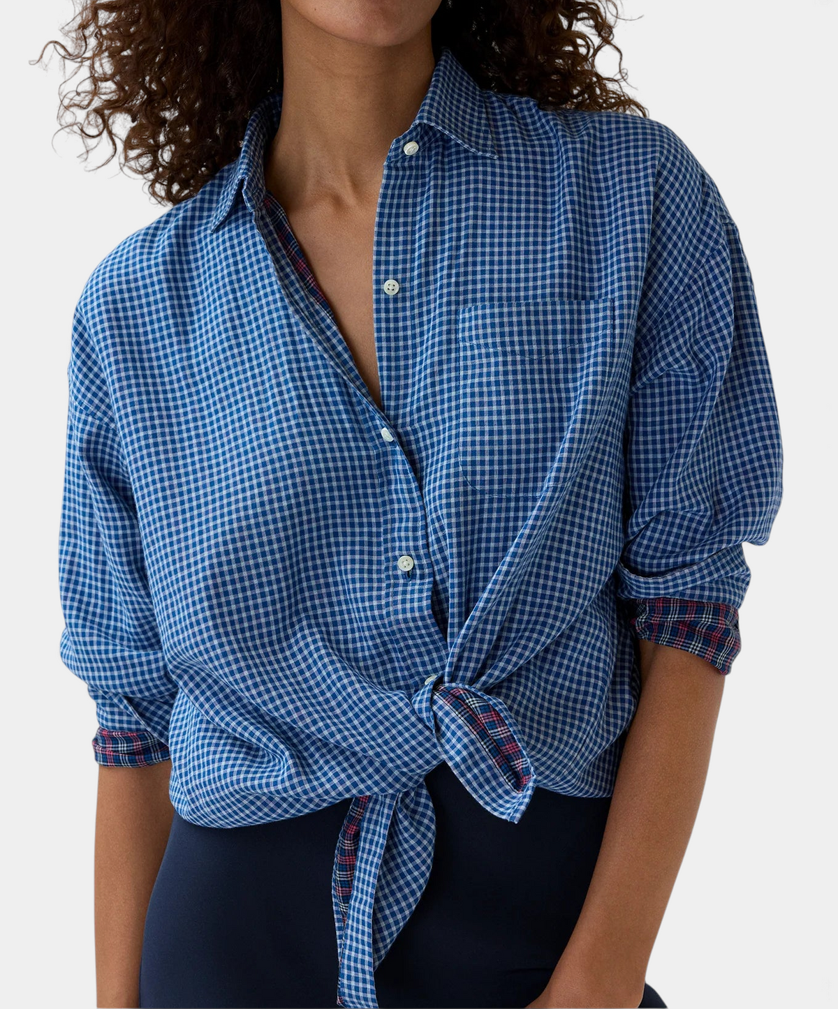 The Copper Shed Weekender Shirt in blue Japanese double-weave cotton with a point collar and tied front hem.