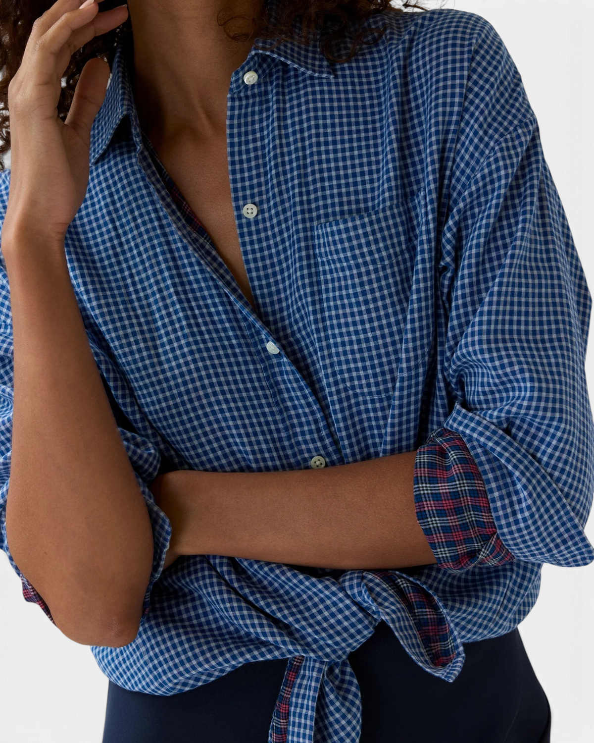 The Copper Shed Weekender Shirt in blue gingham Japanese double-weave cotton with contrast cuffs and shell buttons.