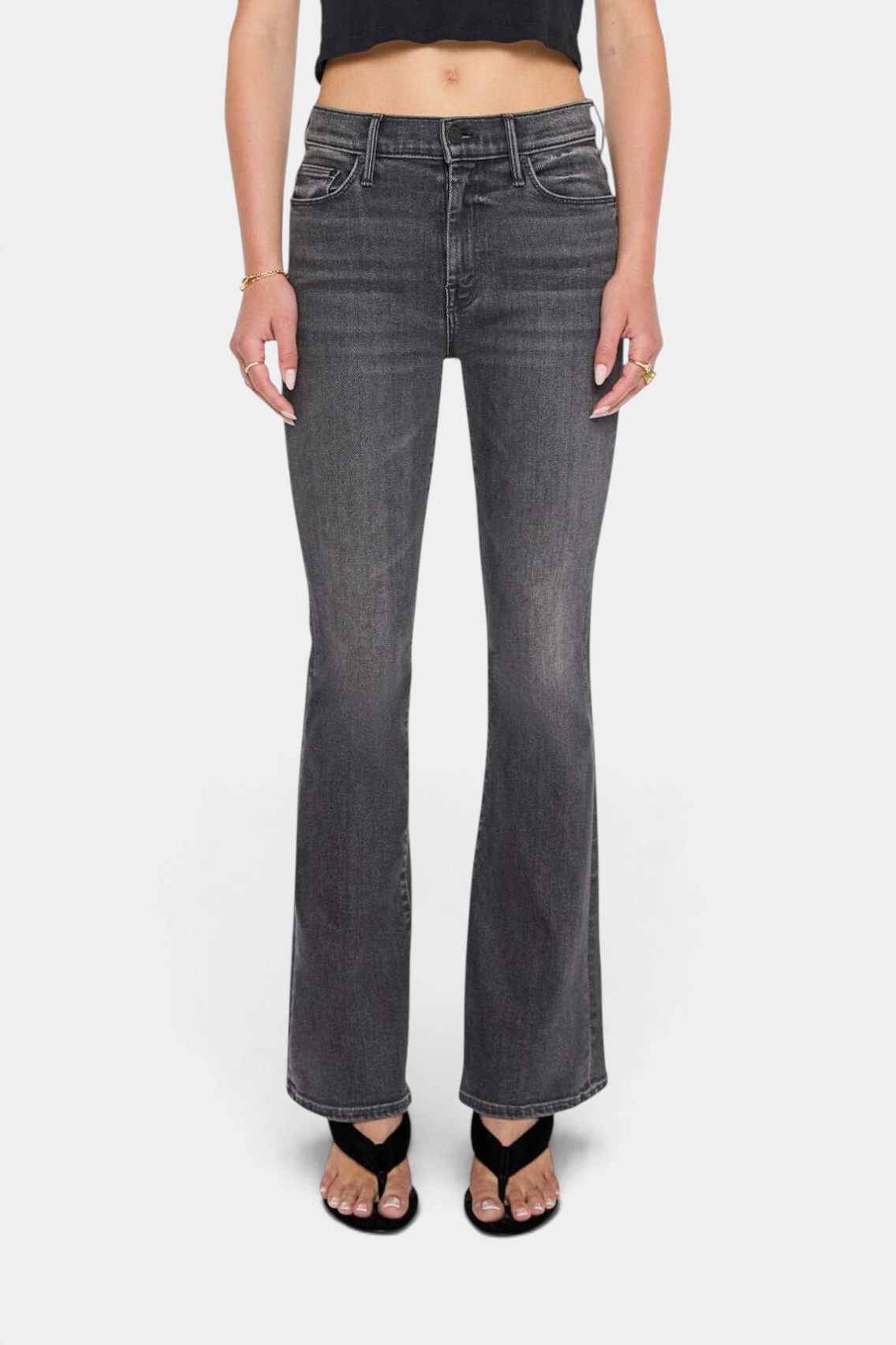 The Copper Shed The Weekender mid-rise flare jeans in washed charcoal grey denim with a clean hem