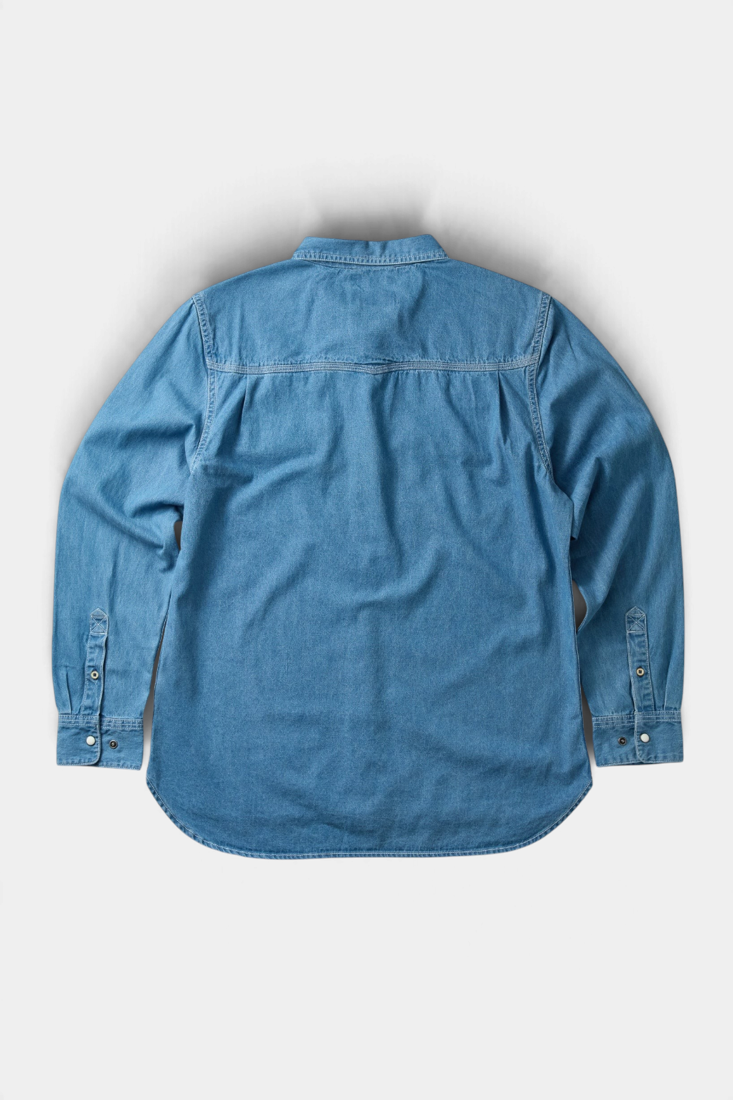 The Copper Shed Westside denim shirt in blue cotton with signature WingSpan back yoke, back view