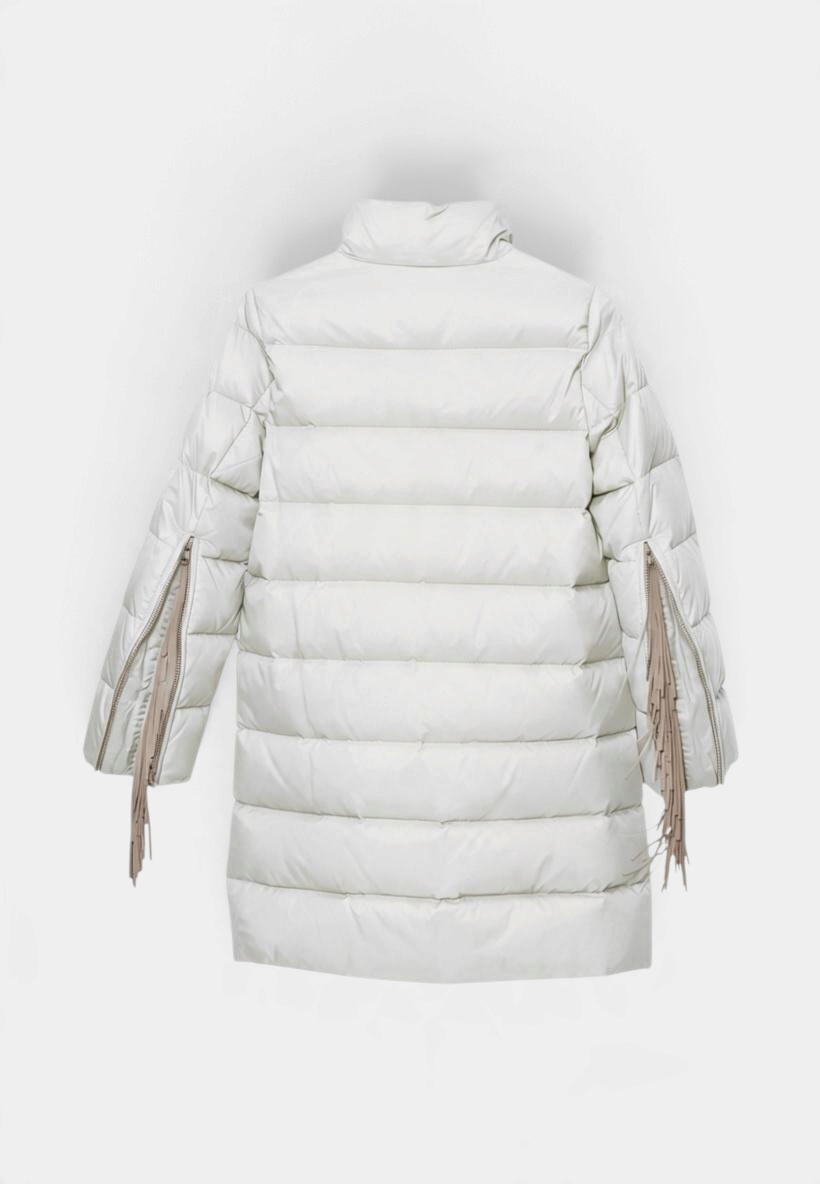 The Copper Shed white down car coat with removable fringe sleeve accents and hidden snap closure