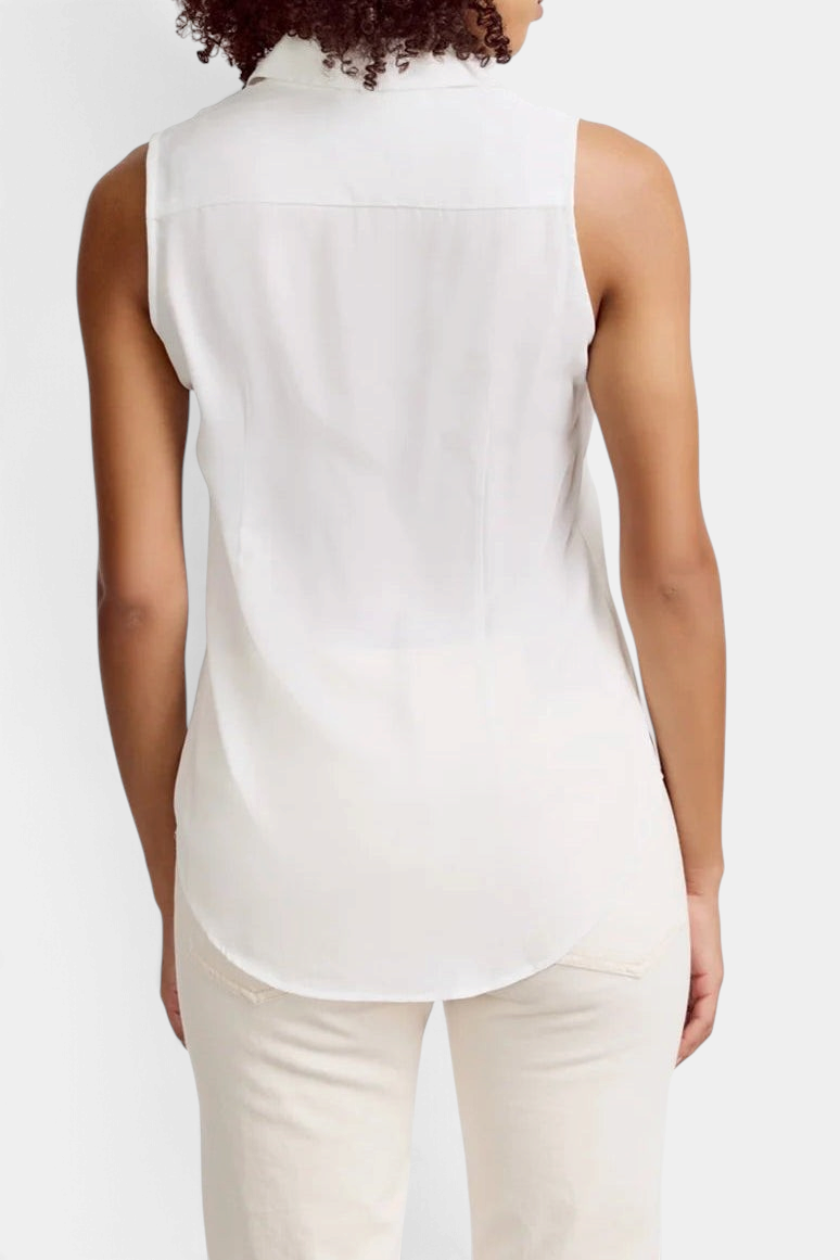 The Copper Shed white sleeveless shirt with a crepe texture, shown from the back on a model.