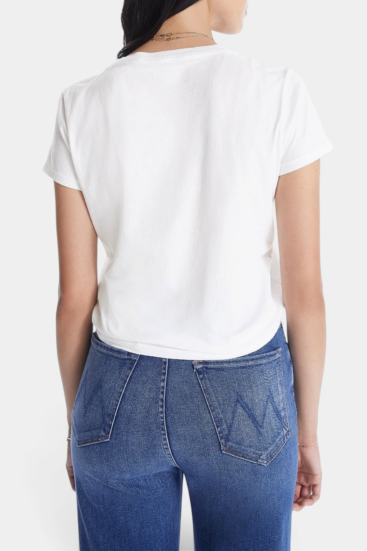 The Copper Shed bright white slim fit crewneck t-shirt made from soft 100% supima cotton, back view on a model.