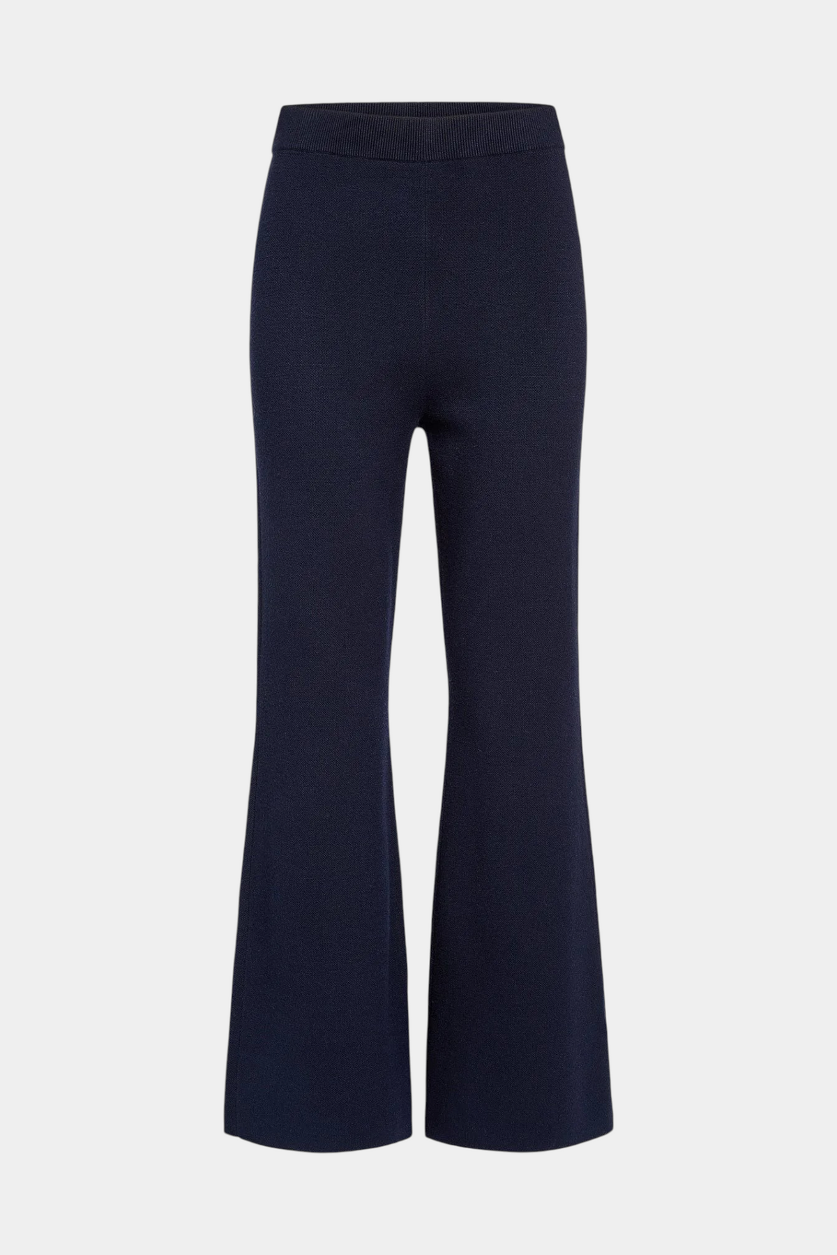 The Copper Shed Winnie pull-on knit pants in navy blue with a flattering boot-leg silhouette and elastic waistband.