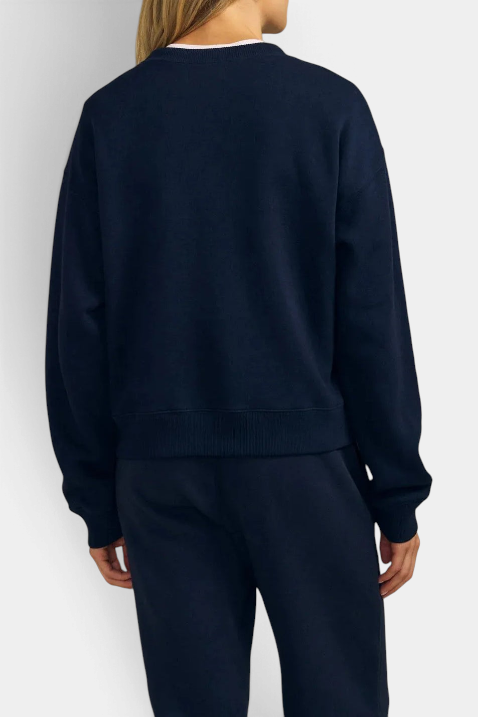 Back view of The Copper Shed Yoko navy blue cotton fleece sweatshirt with dropped shoulders and a crew neckline.
